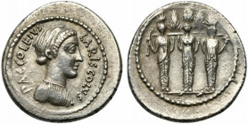 P. Accoleius Lariscolus, Denarius, Rome, ca. 43-41 BC; AR (g 3,91; mm 19; h 5); Draped bust of Diana Nemorensis r.; around, P ACCOLEIVS – LARISCOLVS, ...