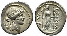 The Caesarians - P. Clodius M.f., Denarius, Rome, 42 BC; AR (g 3,83; mm 20; h 11); Laureate head of Apollo r.; behind, lyre, Rv. Diana standing r., wi...