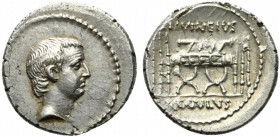 The Caesarians - L. Livineius Regulus, Denarius, Rome, 42 BC; AR (g 3,67; mm 18; h 8); Head of L. Regulus (Pr.) r., Rv. Curule chair; on either side, ...