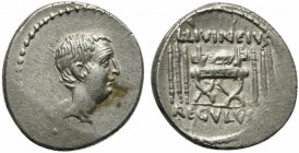 The Caesarians - L. Livineius Regulus, Denarius, Rome, 42 BC; AR (g 4,13; mm 18; h 1); Head of L. Regulus (Pr.) r., Rv. Curule chair; on either side, ...