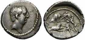 The Caesarians - L. Livineius Regulus, Denarius, Rome, 42 BC; AR (g 4,12; mm 18; h 12); Head of L. Regulus (Pr.) r., Rv. Gladiatorial scene: in foregr...