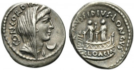 The Caesarians - L. Mussidius Longus, Denarius, Rome, 42 BC; AR (g 3,98; mm 18; h 8); Diademed and veiled head of Concordia r.; behind, CONCORDIA; bel...