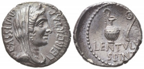 C. Cassius Longinus and P. Cornelius Lentulus Spinther, Denarius, Mint moving with Brutus and Cassius, 43-42 BC; AR (g 3,33; mm 18; h 6); Draped, veil...