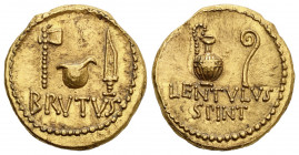 M. Junius Brutus and P. Cornelius Lentulus Spinther, Aureus, mint moving with Brutus, 43-42 BC; AV (g 8,10; mm 18; h 12); Axe, culullus and knife; bel...