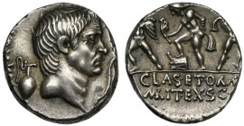 Sex. Pompeius, Denarius, Sicily, ca. 42-36 BC; AR (g 4,00; mm 16; h 2); Head of Cn. Pompeius Magnus r.; behind, jug; before, lituus; around, MAG PIVS ...