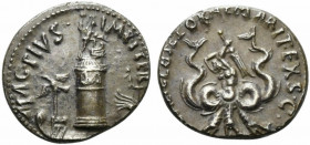 Sex. Pompeius, Denarius, Sicily, ca. 42-36 BC; AR (g 3,68; mm 18; h 12); Pharos of Messana, surmounted by statue of Neptune holding trident and rudder...