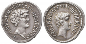 M. Antonius and C. Caesar Octavianus with M. Barbatius, Denarius, Military mint travelling with Antonius, 41 BC; AR (g 3,88; mm 20; h 9); M ANT IMP AV...