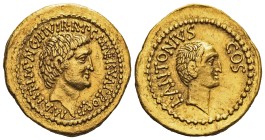 M. Antonius, L. Antonius and M. Cocceius Nerva, Aureus, Mint moving with Antonius in the East, ca. 41 BC; AV (g 8,08; mm 23; h 6); Bare head of Marcus...