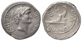 M. Antonius and Cn. Domitius Ahenobarbus, Denarius, Mint moving with Antonius, 40 BC; AR (g ); Head of M. Antonius r.; behind, lituus; around, ANT IMP...