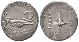 M. Antonius, Denarius, Mint moving with Antonius, 32-31 BC; AR (g 3,75; mm 18; h 1); Ship r., with sceptre tied fillet on prow; above, ANT AVG; below,...