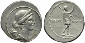C. Caesar Octavianus, Denarius, Brundisium or Rome, ca. 32-29 BC; AR (g 3,74; mm 20; h 8); Diademed head of Pax r.; behind, cornucopiae; before, olive...