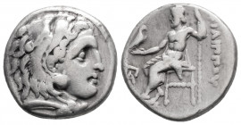 Greek
KINGDOM OF MACEDON, Philip III Arrhidaios (Circa 323-319 BC)
AR Drachm (16.6mm, 4.1g) 
Head of Herakles to right, wearing lion skin headdress / ...