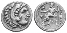 Greek
KINGS OF MACEDON, Philip III Arrhidaios (Circa 323-319 BC)
AR Drachm (16.6mm, 4.1g)
Head of Herakles to right, wearing lion skin headdress / Zeu...