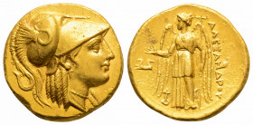 Greek
KINGS OF MACEDON, Alexander III ‘the Great’ (Circa 336-323 BC)
Gold Stater (18.2mm, 8.59g)
Head of Athena to right, wearing crested Corinthian h...