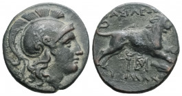 Greek
KINGS OF THRACE, Lysimachos, (Circa 305-281 BC) Lysimacheia
AE Bronze (18.4mm, 5.1g)
Head of Athena to right, wearing crested Attic helmet /ΒΑΣΙ...