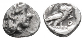Greek
ATTICA, Athens (Circa 454-404 BC)
AR Hemiobol (6.9mm, 0.30g)
Helmeted head of Athena to right / AΘE Owl standing to right, head facing the viewe...