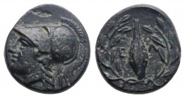 Greek
AIOLIS, Elaia (Circa 350-300 BC.)
AE Bronze (11.mm, 1.4g)
Helmeted head of Athena to left / Barley-grain, Ε-Λ across fields; all within wreath.
...