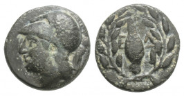 Greek
AIOLIS, Elaia (Circa 350-300 BC)
AE Bronze (10.7mm, 1.1g)
Helmeted head of Athena to left / Barley-grain, Ε-Λ across fields; all within wreath.
...