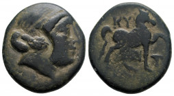 Greek
AIOLIS, Kyme. Civic issue. (Circa 250-190 B.C.) 
AE Bronze (20.5mm,6.5g). 
Laonikos, magistrate. Head of Amazon Kyme right, hair rolled / Ethnic...