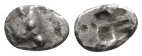 Greek
WESTERN ASIA MIRROS, Uncertain mint (Circa 530-480 BC)
AR Hemiobol or Tetartemorion (7.3mm, 0.21g)
Head of bull or calf right / Quadripartite in...