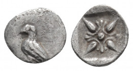 Greek
WESTERN ASIA MINOR, uncertain mint (Circa 5th Century BC)
AR Tetartemorion (6.9mm, 0.14g)
Eagle/bird standing to left / Stellate pattern with in...