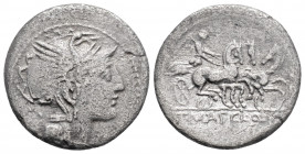 Roman Republic
T. Manlius Mancinus, Appius Claudius Pulcher & Q. Urbinus (111-110 BC) Rome 
AR Denarius (18.1mm, 3.4g)
Obv: Helmeted head of Roma righ...