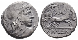 Roman Republic
CN. Lentulus Clodianus (Circa 88 BC). Rome
AR Denarius (16.6mm, 3.76g)
Obv: Helmeted bust of Mars right.
Rev: CN LENTVL. Victory drivin...