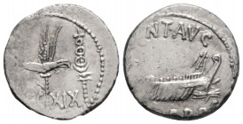 Roman Republic
Mark Antony. (Circa 32-31 BC). Patrae
AR Denarius (16.1mm, 3.50g)
Obv: ANT AVG / III VIR R P C.Galley right.
Rev: LEG - XIX.Aquila righ...