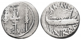 Roman Republic
Mark Antony. (32-31 BC) Rome. 
AR Denarius (17mm, 3.8g)
Obv: Praetorian galley on the right, around legend: ANT AVG III VIR RPC. 
Rev: ...