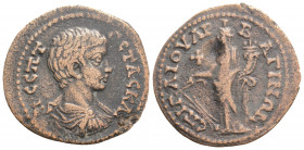 Roman Provincial
LYDIA, Bageis. Geta (Caesar, 198-209 AD).
AE Bronze (24mm, 6.6g)
Obv: Gaius Asklios, magistrate. Bare-headed, draped and cuirassed bu...