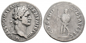 Roman Imperial 
Domitian (81-96 AD) Rome
AR Denarius (19.3mm, 3g)
Obv: IMP CAES DOMIT AVG GERM P M TR P VIII. Laureate head right.
Rev: COS XIIII LVD ...