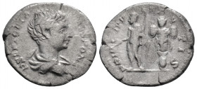 Roman Imperial
Geta, as Caesar (198-209 AD) Rome
AR Denarius (19.2mm, 2.80g)
Obv: P SEPT GETA CAES PONT Bare-headed and draped bust of Geta to right, ...