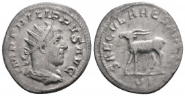 Roman Imperial
Philip I (244-249 AD) 
AR Antoninianus (22.7mm, 3.5g)
Obv: Radiate, draped and cuirassed bust r., seen from behind. 
Rev: Stag walking ...