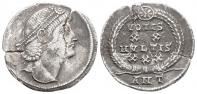Roman Imperial
Constantius II (337-347 AD) Antioch
AR Siliqua (23.6mm, 2.7g)
Obv: Pearl-diademed head to right, gazing upwards
Rev: VOTIS XX MVLTIS XX...
