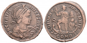 Roman Imperial
Gratian ( 378-383 AD) Constantinople
AE Bronze (23.5mm, 6.3g)
Obv: D N GRATIANVS P F AVG, helmeted, pearl-diademed, draped and cuirasse...