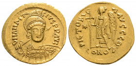 Byzantine 
Anastasius I (491-518 AD) Constantinople
AV Solidus (21.3mm, 4.38g)
Obv: D N ANASTASIVS P P AVG. Helmeted and cuirassed bust facing slightl...