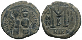 Byzantine
Justin II. (565-578 AD) Nicomedia
AE Follis (30.1mm, 12.6g)
Obv: Justin and Sophia seated facing on double throne, holding globus cruciger a...