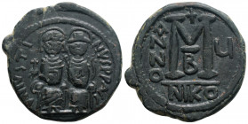 Byzantine
Justin II with Sophia, (565 - 578 AD) Nicomedia
AE Follis (30.8mm, 15.75g)
Obv: D N IVSTINVS PP V, Justin and Sophia seated facing side by s...