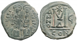 Byzantine
Justin II and Sophia (565-578 AD) Constantinople 
AE Follis (30.3mm 14.7g)
Obv: Justin and Sophia, both nimbate, enthroned facing.
Rev: Larg...