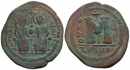 Byzantine
Justin II (565-578 AD) Antioch
AE Follis (35.3mm, 14.6g)
Obv: D N IVSTINVS PP AV (or similar) - Justin II and Sophia seated on throne facing...