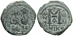 Byzantine
Justin II, with Sophia, (573/4 AD) Nicomedia
AE Nummi (28.5mm, 12.9g)
Obv: D N IVSTINVS P P ΛVG, Justin II and Sophia enthroned facing, cros...
