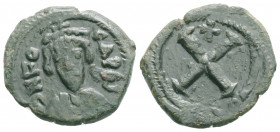 Byzantine
Phocas (602-610 AD) Constantinople
AE Decanummium (18.7mm, 2.64g)
Obv: Crowned, draped, and cuirassed facing bust
Rev: Large X; cross above....