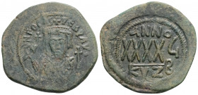 Byzantine
Phocas (607-608 AD) Nicomedia
AE Nummus (32.7mm, 9.7g)
Obv: d m FOCA PER AVG, crowned bust facing, wearing consular robes, holding mappa and...
