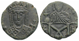 Byzantine 
Cnstantine VI and Irene (780-797 AD) Constantinople
AE Follis (17mm, 2.6g)
Obv: Crowned facing bust of Irene, holding cruciform sceptre and...