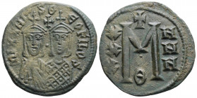 Byzantine
Michael II with Theophilus (820-829 AD) Constantinople
AE Follis (30.1mm, 8.6g)
Obv: MIXAHL S ΘЄOFILOS, crowned facing busts of Michael and ...