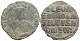 Byzantine
Leo VI the Wise (886-912 AD). Constantinople 
AE Follis (25.9mm, 5.7g)
Obv: Crowned and draped bust facing, holding akakia
Rev: +LЄOҺ/ЄҺ ӨЄO...
