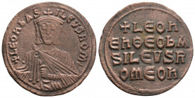 Byzantine
Leo VI the Wise (886-912.AD). Constantinople
AE Follis (26.4mm 6.4g)
Obv: Crowned and draped bust facing, holding akakia
Rev: +LЄOҺ/ЄҺ ӨЄO Ь...