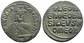 Byzantine
Leo VI the Wise (886-912.AD) Constantinople
AE Follis (26.7mm, 6.4g)
Obv: Crowned and draped bust facing, holding akakia
Rev: +LЄOҺ/ЄҺ ӨЄO Ь...