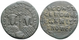 Byzantine
Constantine VII Porphyrogenitus, with Romanus I (931-944 AD) Constantinople
AE Nummus (27.6mm, 8.4g)
Obv: ⧾ COҺSƮ CЄ ROMAN b ROM, crowned fa...
