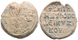 Byzantine Lead Seal ( 10th century)
Obv: Facing bust of the Virgin Mary, with Christ medallion on breast.monogram to left and right
Rev: ΚΗΤΕ ΜΕΤΡΟΠΛΕ...